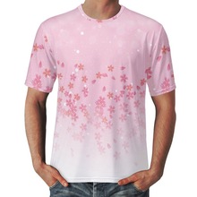 男士休闲粉色浪漫樱花图案设计男式T恤衫 涤纶广告上衣来图可印花