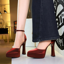 6867 European and American banquet socialite super high heels sandals with pointed shallow mouth, double-layer waterproof platform, super high heels with a single button and thick heel