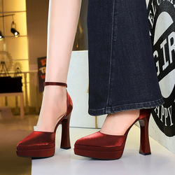 6867 European and American banquet socialite super high heels sandals with pointed shallow mouth, double-layer waterproof platform, super high heels with a single button and thick heel