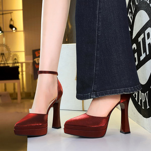 6867 European and American banquet socialite super high heels sandals with pointed shallow mouth, double-layer waterproo