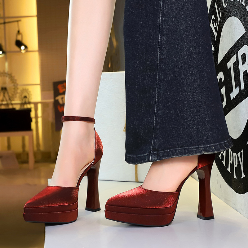 6867 European and American Style Banquet Socialite Ultra-High Heel Sandals with Pointed Toe, Shallow Mouth, Double-Layer Waterproof Platform, Ultra-High Heel, Single Strap, Chunky Heel