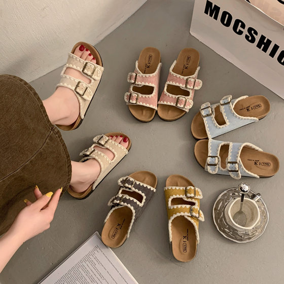 Platform Birkken Slippers Women's 2025 Summer New Suede Outer Wear One-word Belt Buckle Sandals Bocken Half Slippers