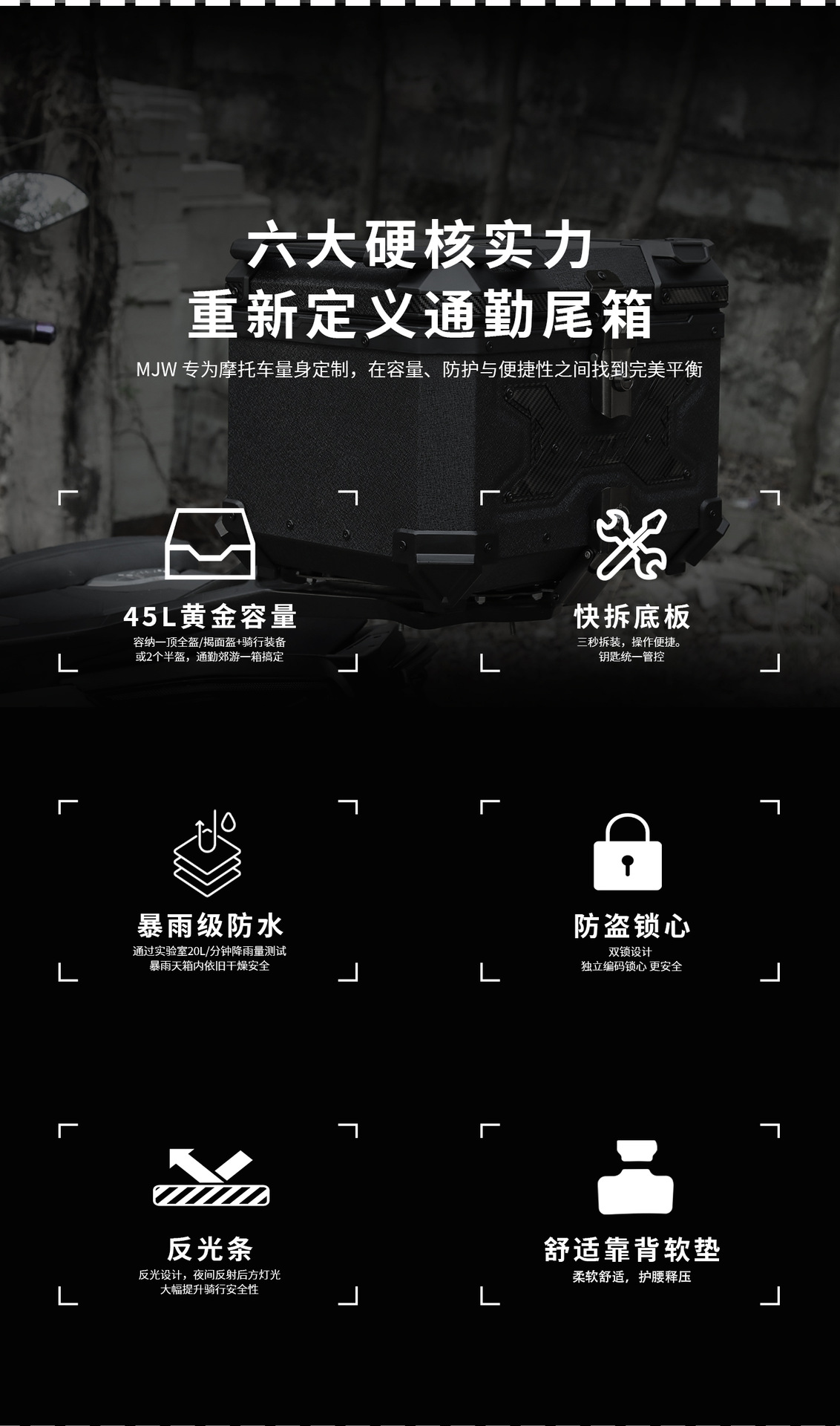 Motorcycle Mjw45L55L Water-Pattern Black Aluminum Alloy Tail Box Quick-Release Travel Toolbox Electric Vehicle Rear Tail Box
