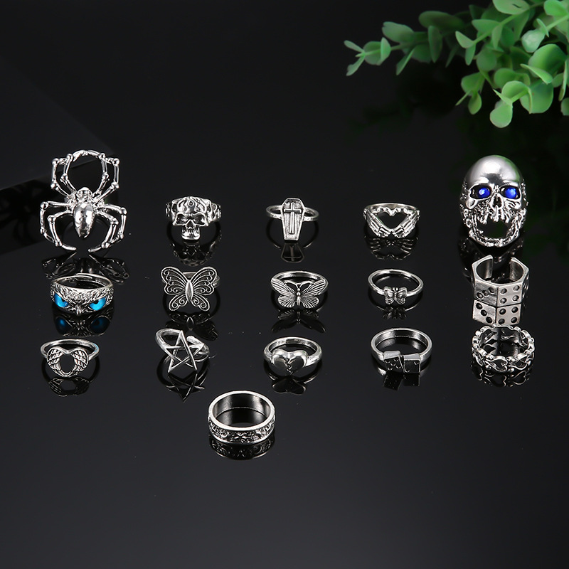 European And American Halloween Skull Spider Animal Ring Combination 16-piece Set display picture 5