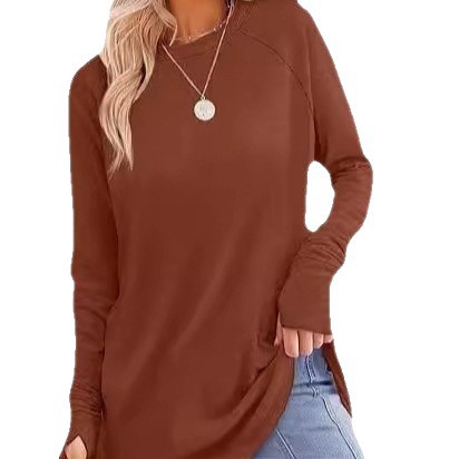 Oversized Langarmshirt mit Rundhalsausschnitt – Weiches, angerautes Polyester-Spandex-Gemisch, lockere Passform, einfarbig, ideal zum Kombinieren für Damen_voghion.com