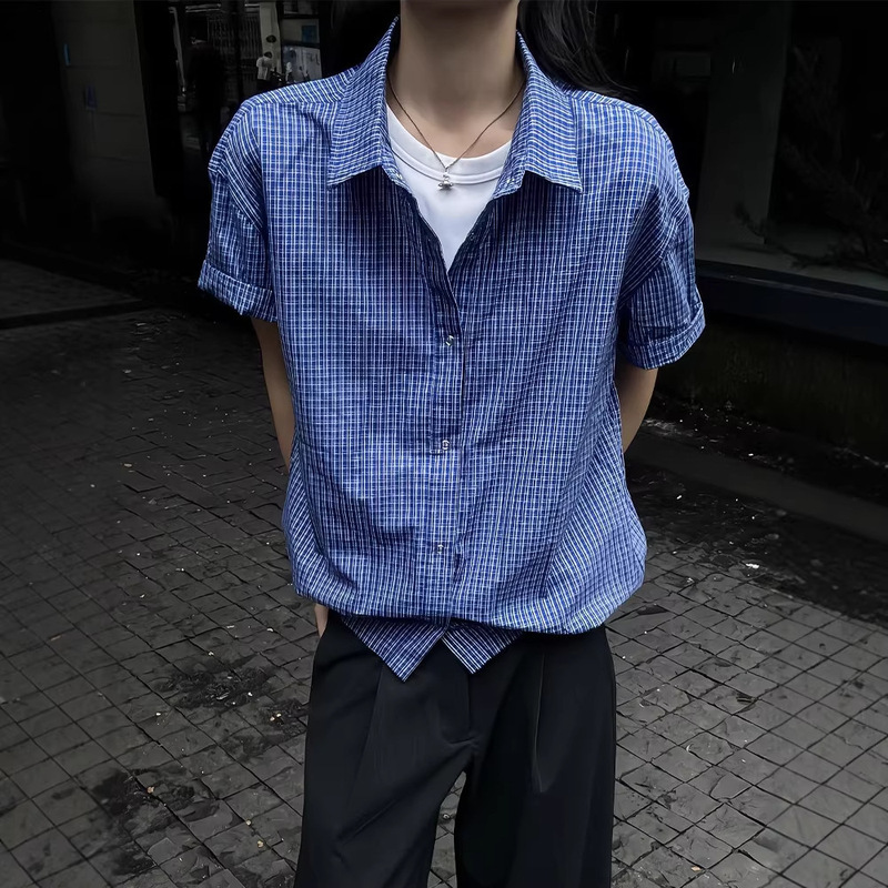 Miu Blue Houndstooth Short-Sleeved Shirt for Men, Summer Thin Style, High-End Cleanfit Drawstring Plaid Shirt Miu Blue Houndstooth Short-Sleeved Shirt for Men, Summer Thin Style, High-End Cleanfit Drawstring Plaid Shirt
