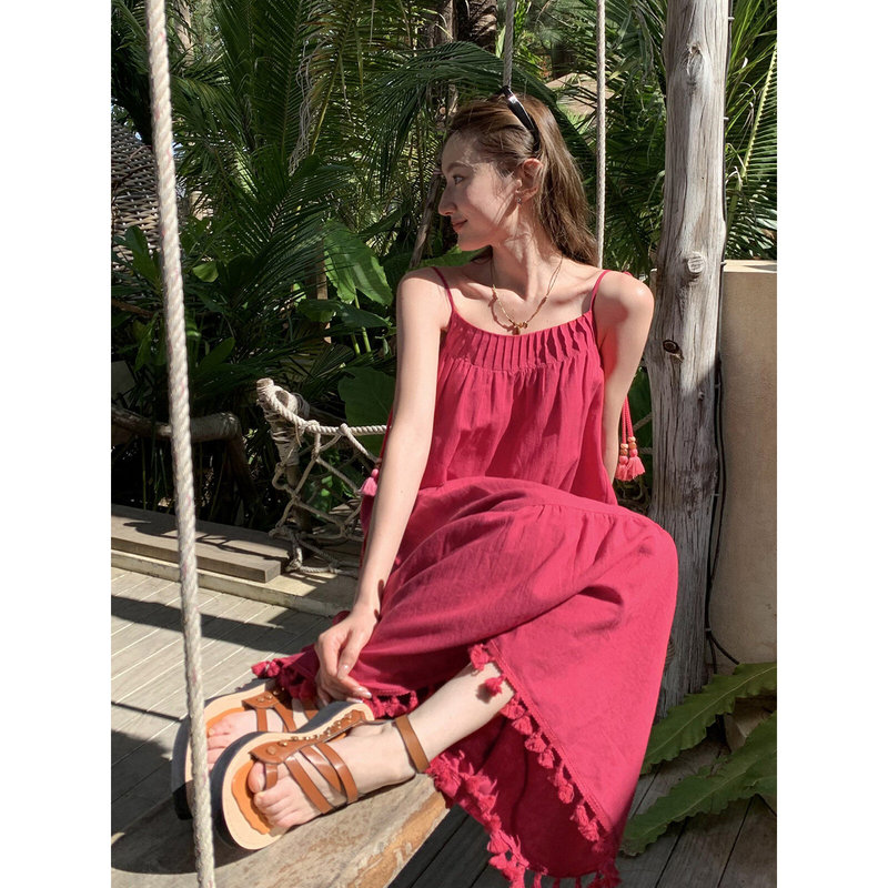 Beaded tassel strap dress for women, summer 2026 new style, loose A-line maxi dress for vacation