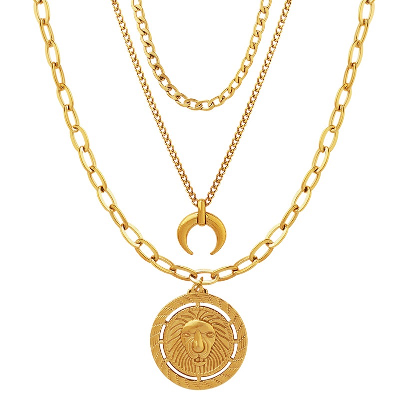 Europea y americana cadena desnuda marca redonda cabeza de león de tres capas apiladas Luna colgante collar de acero de titanio Cadena de clavícula hombres y mujeres de la joyería