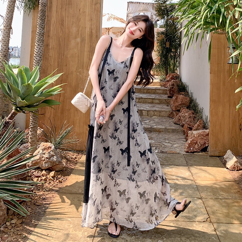 Ink Painting Butterfly Suspender Dress for Women, Summer French Style, Lazy Seaside Vacation, Extra-Long Ankle-Length Beach Dress