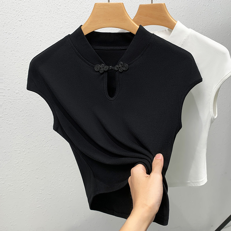 Camiseta de mangas cortas de botón de viento nacional para mujeres 2024 nueva ropa de mujer cuello vertical camiseta de color sólido camiseta de hombro de camisa china