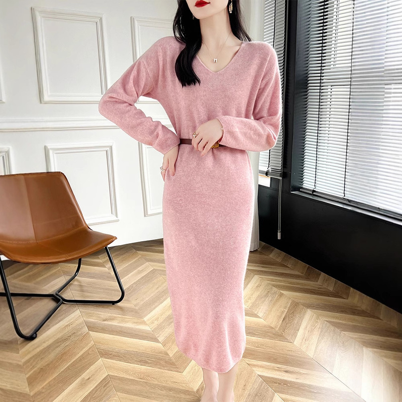 New Autumn and Winter Women's Dress V Neck Mid-Length Long-Sleeved Loose Slim Fashion Pullover Wool Knitwear Knitwear