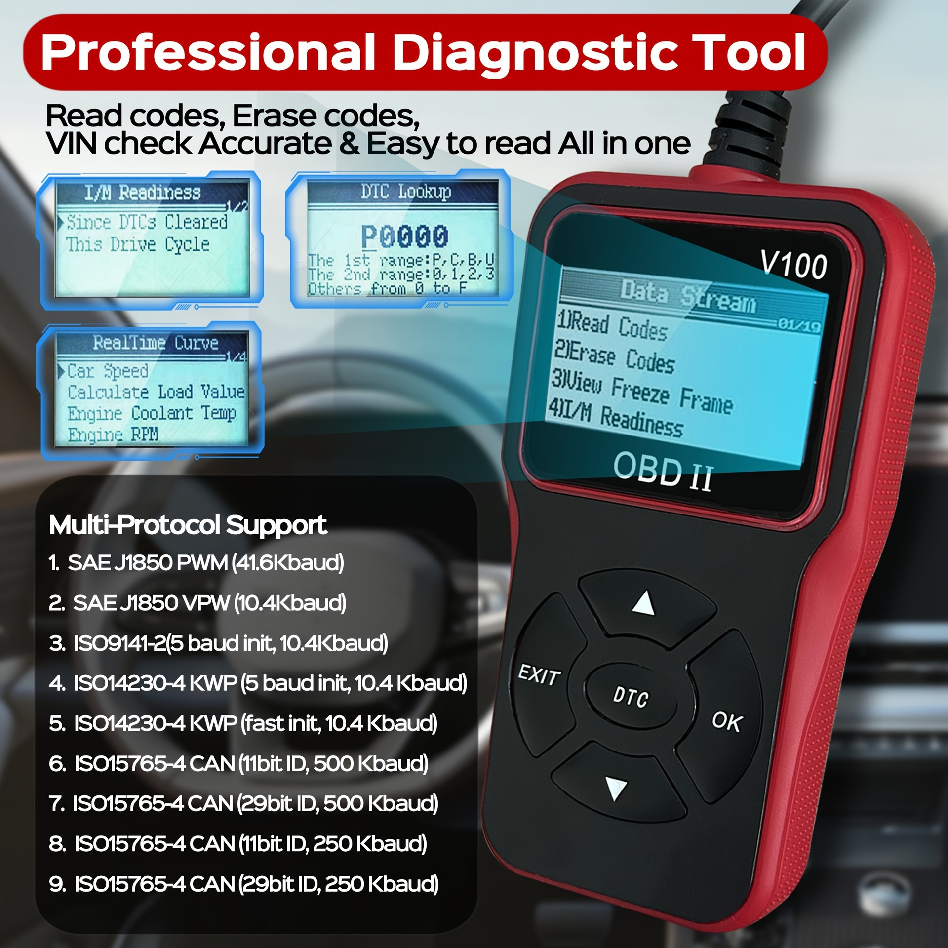 2025 New OBD2 Scanner Engine Fault Code Reader Multi-Language Car Diagnostic Device V100 Multi-Language