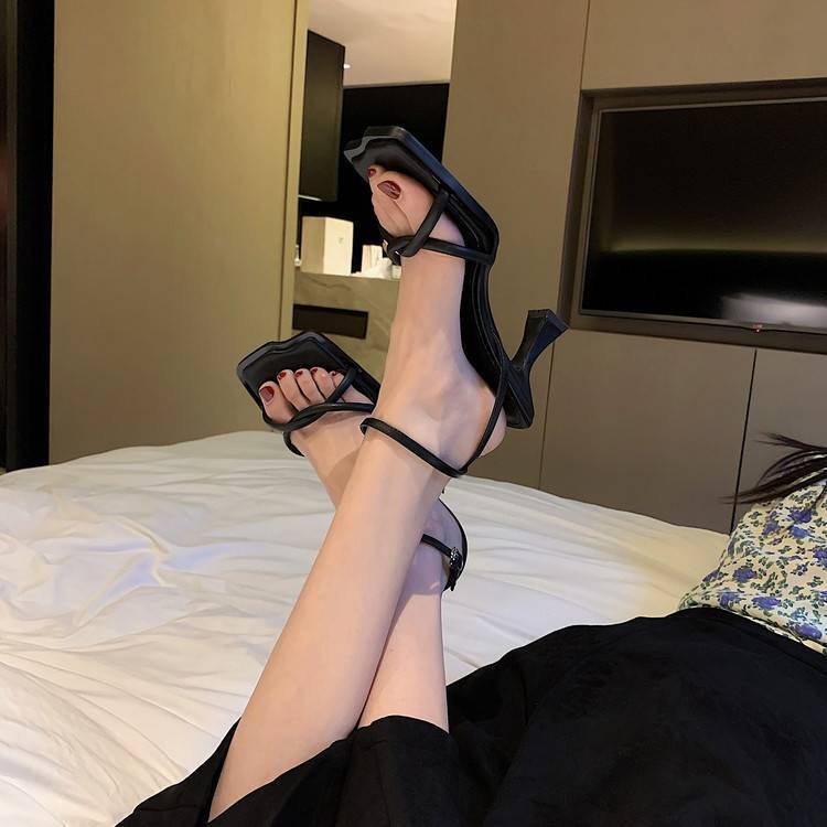 Designer Square Toe High Heels New Style Cowhide Roman Strap Women's Sandals Stiletto Open Toe Niche Women's Shoes