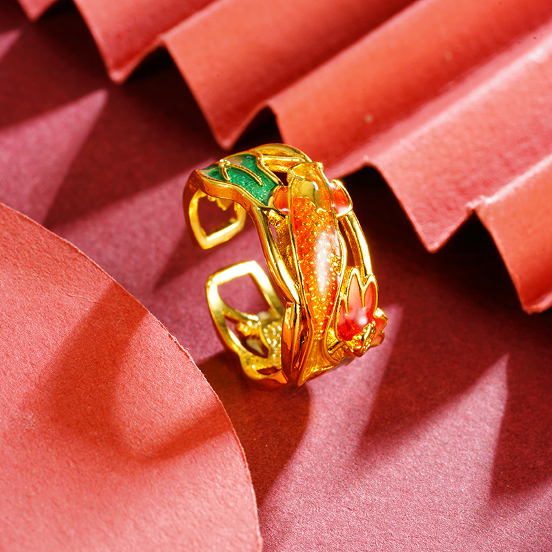 Guofeng koi abierto anillo de oro de arena de Vietnam pintado goteo de aceite loto fábrica de hojas de loto Yiwu al por mayor joyería