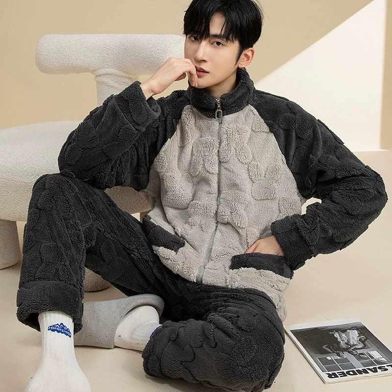 Мужская пижама коралловый бархат осенняя зима утолщение молнии плюс бархат с длинными рукавами теплая фланелевая домашняя одежда набор зимой