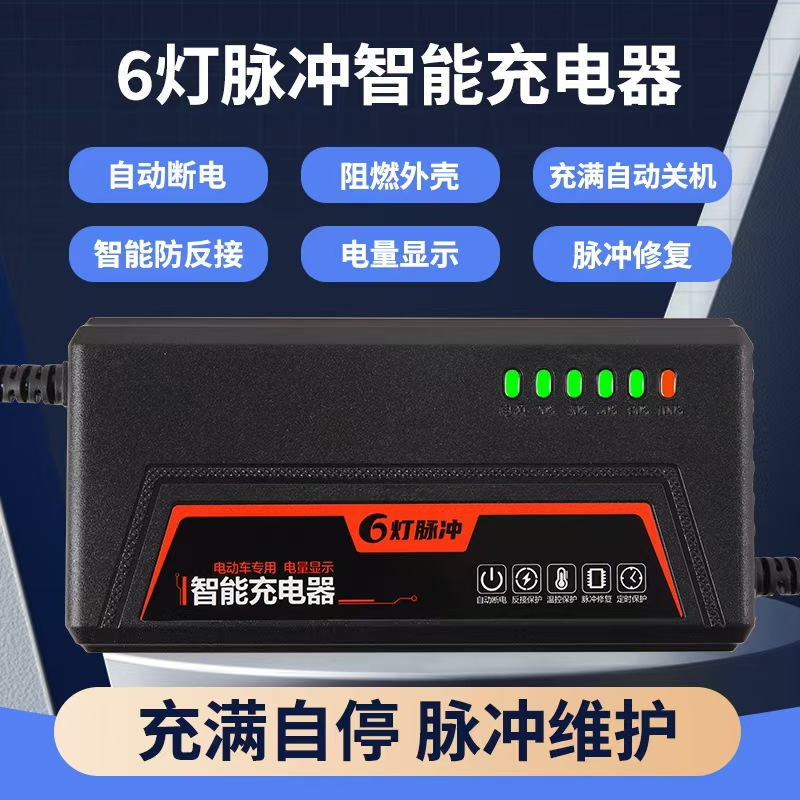 厂家直供智能六灯显示电动车铅酸充电器脉冲修复充满自停60V20AH