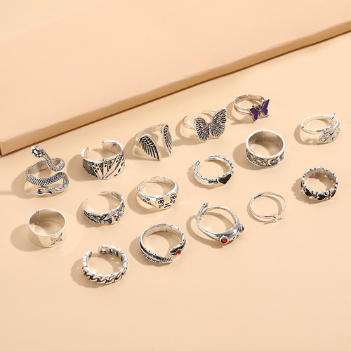 Amazon best-selling ring retro design exaggerated snake-shaped frog butterfly love poker combination 16-piece ring set