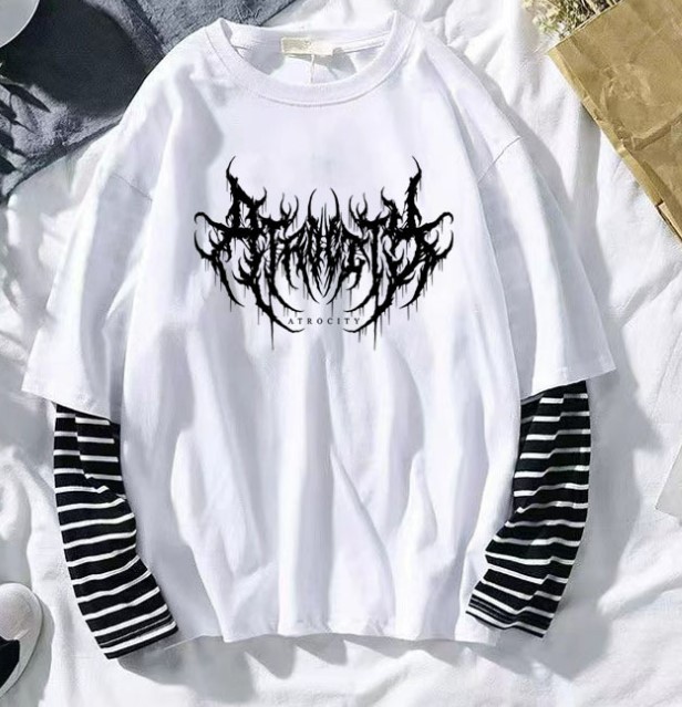 2024 primavera transfronteriza nueva letra impresa Jersey superior suelta falsa de dos piezas de manga larga Camiseta de las mujeres de tela de algodón