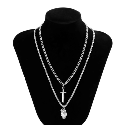 European and American cross-border jewelry, simple geometric versatile metal necklace, personalized dagger skull double-layer necklace for women