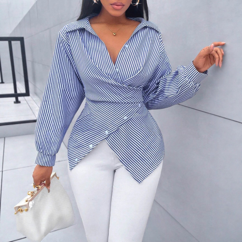 European and American Cross-Border 2025 Foreign Trade Hot-Selling New Fashion Sexy Versatile Striped Long-Sleeve Women's Shirt for Spring, Summer, and Autumn European and American Cross-Border 2025 Foreign Trade Hot-Selling New Fashion Sexy Versatile Striped Long-Sleeve Women's Shirt for Spring, Summer, and Autumn