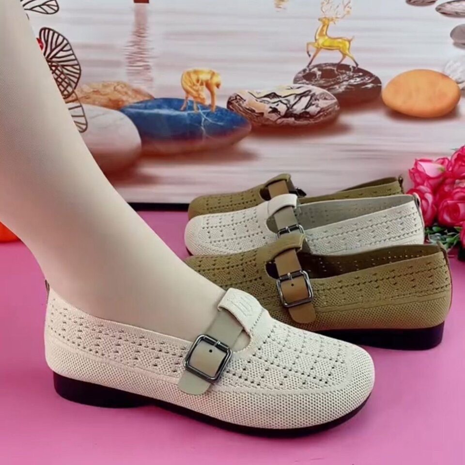 Giày lười nữ thân lưới dệt thoáng khí, đế mềm chống trượt, kiểu xỏ chân tiện lợi — A66 Giày nữ dệt flyknit - Màu nâu cà phê, A66 Giày nữ dệt flyknit - màu trắng kem