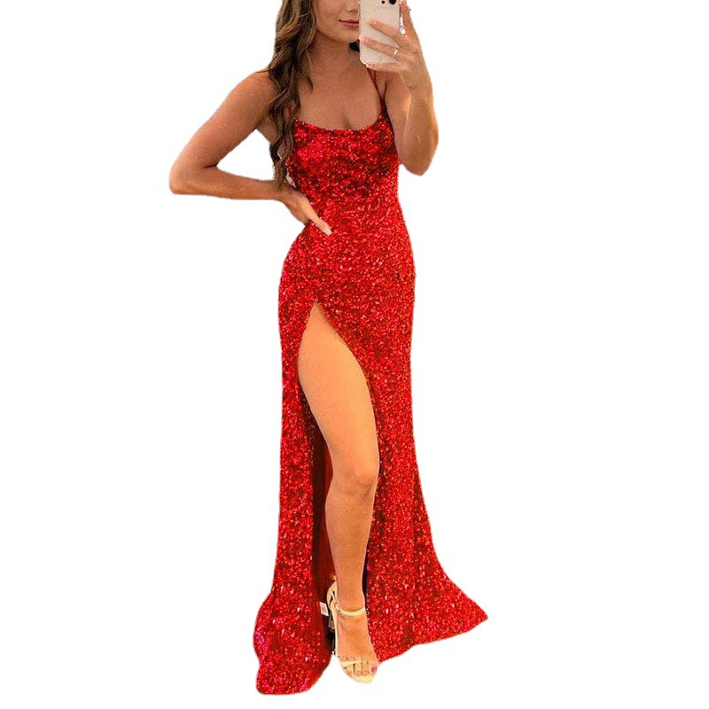 Europa y América del comercio exterior Amazon AliExpress deseo estación independiente nuevo rojo brillante lentejuelas elegante Delgado adelgazar vestido