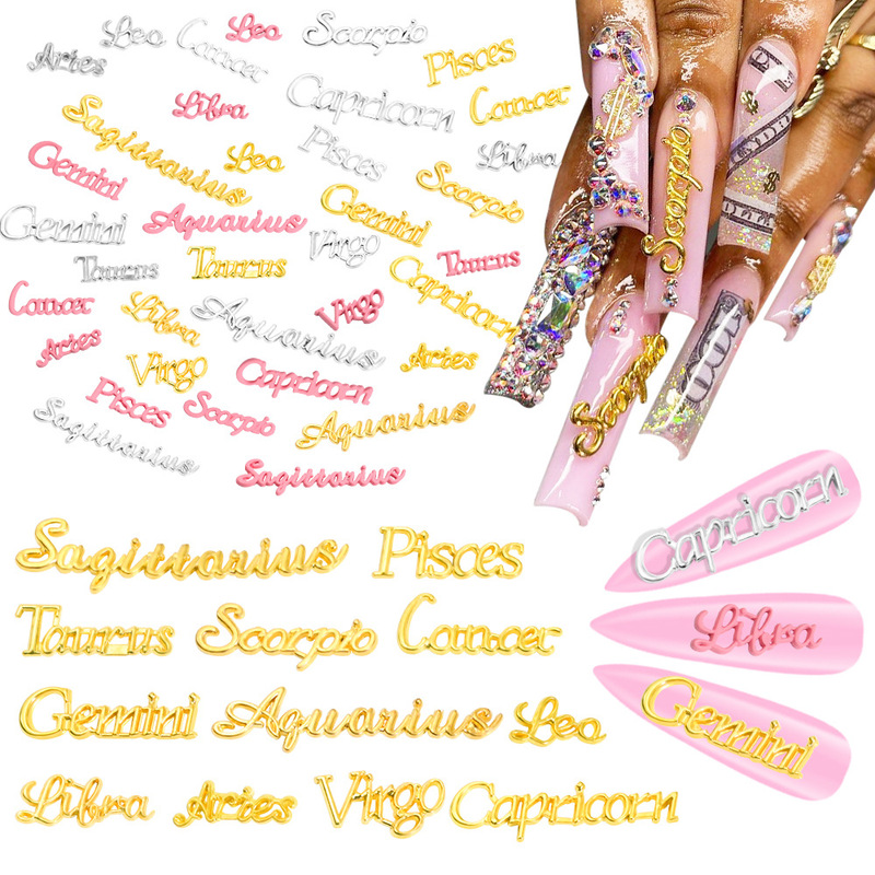 Cross-border bestseller: 12 zodiac sign letter nail art metal accessories, gold and silver 3D English letter nail decorations and accessories Cross-border bestseller: 12 zodiac sign letter nail art metal accessories, gold and silver 3D English letter nail decorations and accessories