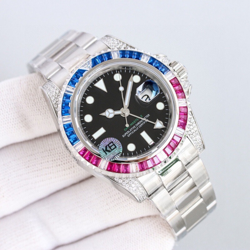 Foreign Trade Cross-Border Colored Diamond Watch Gmt Stainless Steel Band Fully Automatic Mechanical Watch Labor Brand Men's Fashion Watch Manufacturer