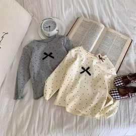 洋气女童秋装波点长袖T恤女宝宝蝴蝶结童装打底衫儿童春秋季上衣