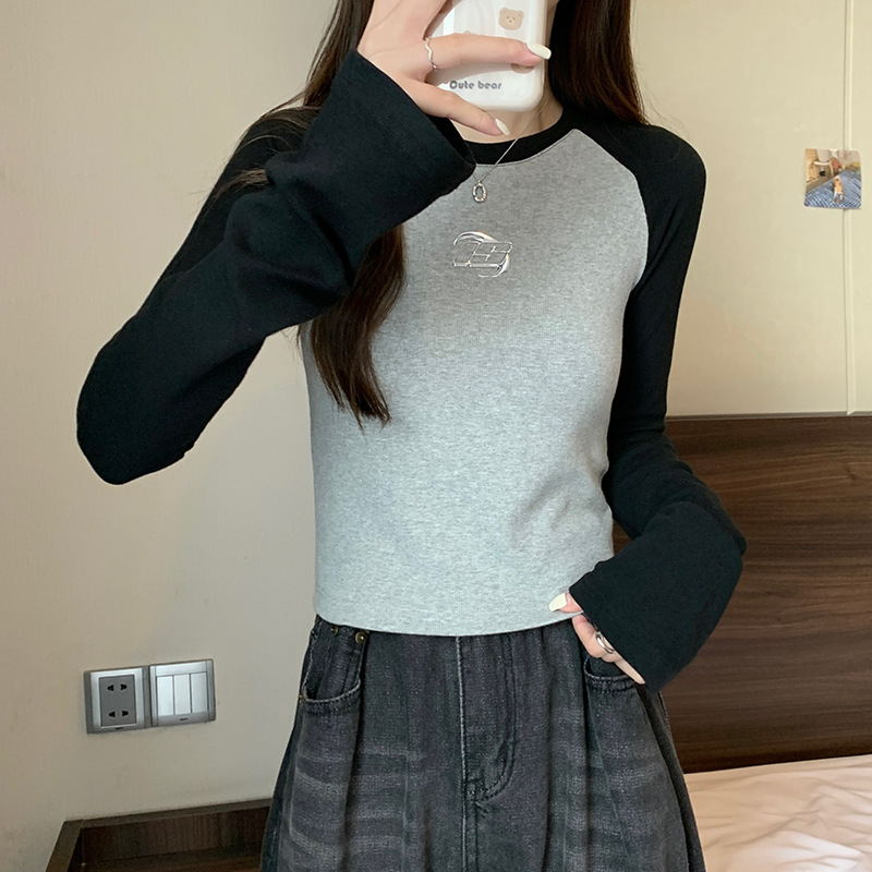 2025秋季新款短款修身插肩袖圆领打底衫上衣长袖t恤薄款女装|undefined