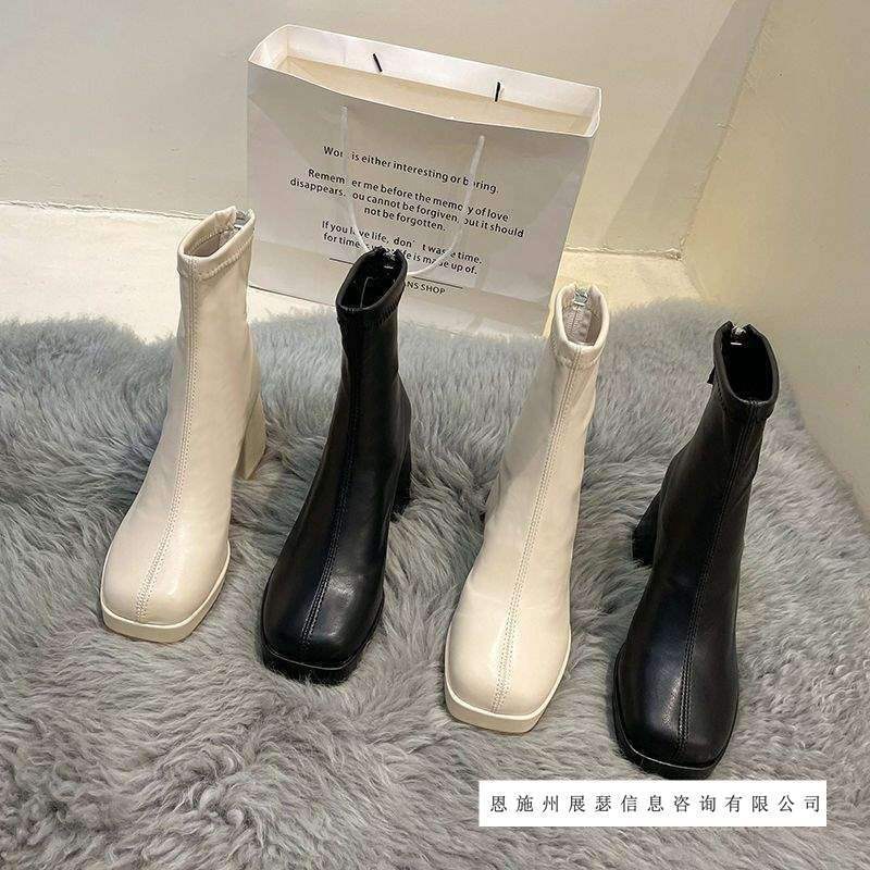 Square-Toe Boots for Women 2025 Autumn and Winter New Thick-Heeled High-Heeled Short Boots Waterproof Platform Back Zipper Beige Short Boots