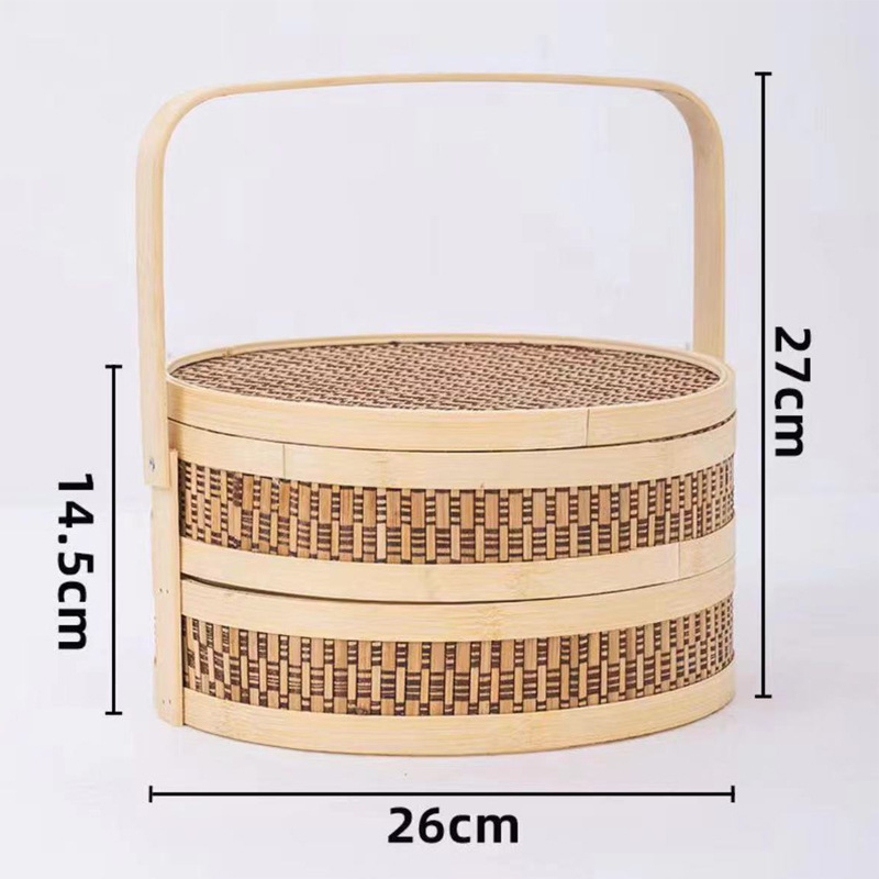 Nuevo estilo chino de bambú de doble capa de mano cesta de flores tejida a mano cesta de arreglos florales cesta de frutas de embalaje