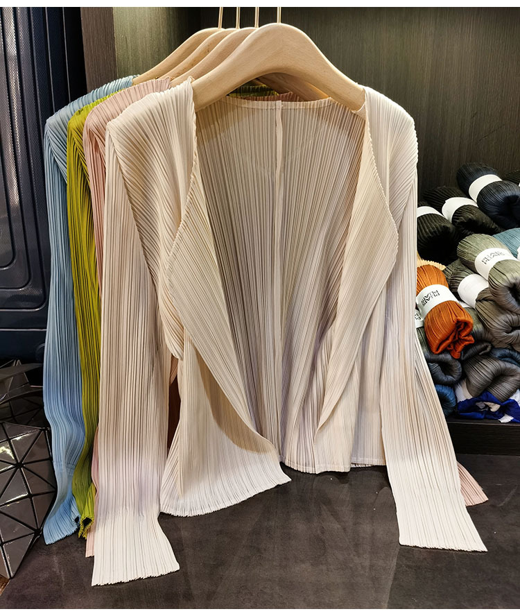 Áo cardigan nữ tay dài xếp ly không cài khuy, phong cách đơn giản cao cấp mùa xuân hè — Màu xanh lam nhạt, Màu đen, Xanh Lông Công, Màu hồng chi tiết 3