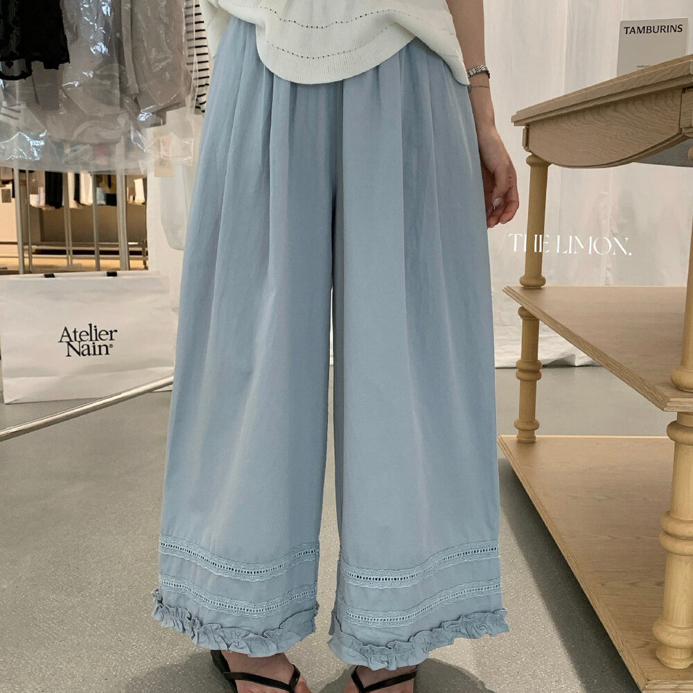 Quần culottes nữ ống rộng cạp cao chun, thiết kế viền ren bèo nhún, dáng suông 9 phân, phù hợp mùa xuân hè — màu đen, Xanh đen, Xanh da trờicolor, màu trắng