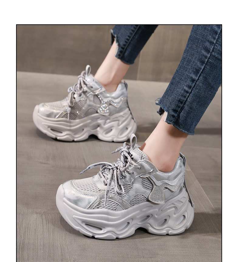 Giày sneaker nữ chunky đế dày tăng chiều cao, đính đá rhinestone, phong cách thể thao — Màu súng chi tiết 12
