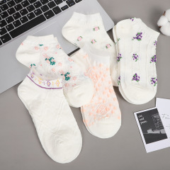 Summer Socks for Girls, Boat Socks with Ribbed Tops, Floral Edge for Young Girls, Japanese Fresh Academic Style, Purple Small Flower Mesh White Short Socks