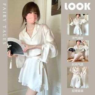 French Style High-end Ice Silk Long-sleeved Pajamas Women's Internet Popular Summer New Solid Color Girl's Home Clothes Short Skirt suit