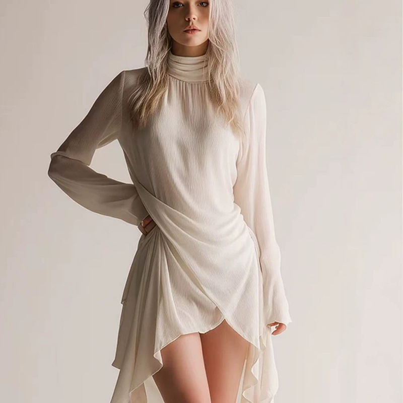 2026 New Cross-Border Foreign Trade High-Neck Long-Sleeve Classic Romantic Evening Dress Chiffon High-Low Irregular Hem Dress 2026 New Cross-Border Foreign Trade High-Neck Long-Sleeve Classic Romantic Evening Dress Chiffon High-Low Irregular Hem Dress
