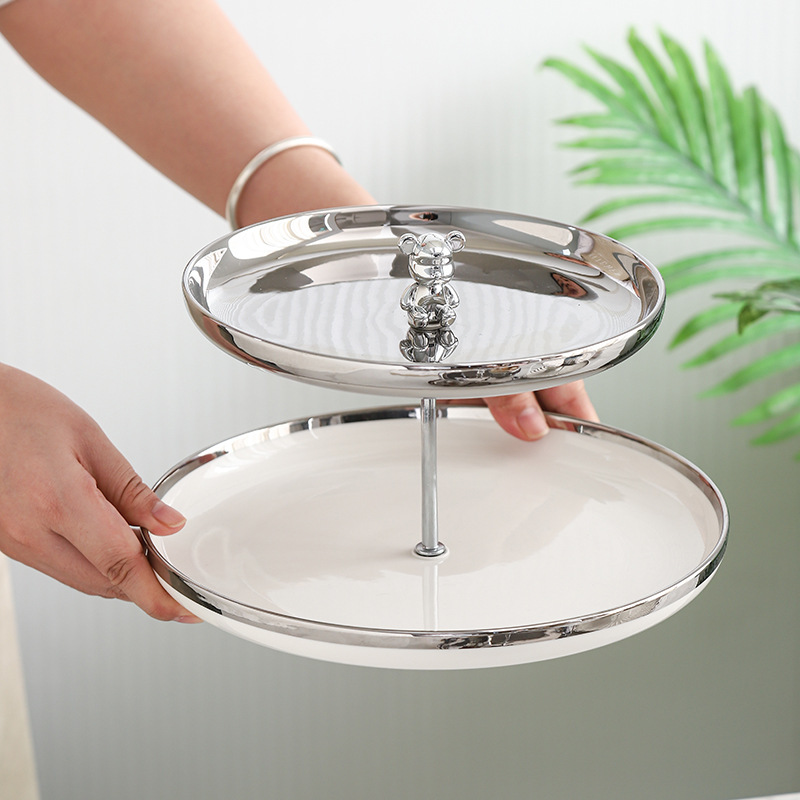 Oso borde de plata placa de cadena de múltiples capas de luz de lujo decorativo plato de fruta seca mesa de postre snack rack sala de estar vestíbulo mesa de café plato de fruta