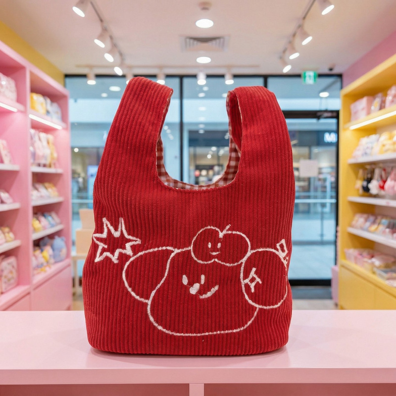 New Autumn and Winter Red Canvas Handbag, Cute Apple Embroidery Cartoon Women's Bag, Versatile Portable Commuter Bag