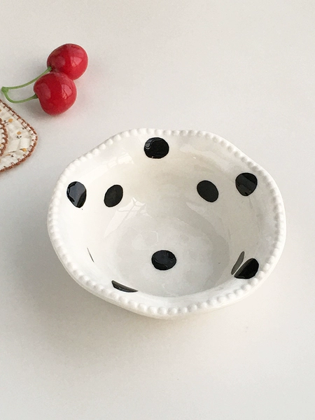 Black and white polka dot rice bowl