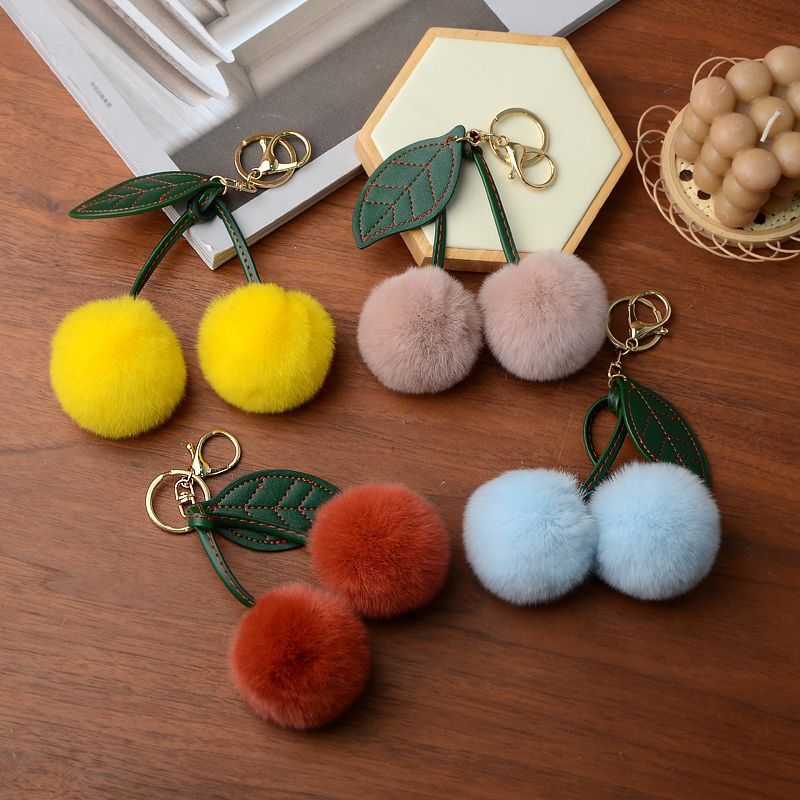 Wholesale Faux Rabbit Fur Cherry Car Keychain Pendant Plush Ball Doll Backpack Decoration Pendant