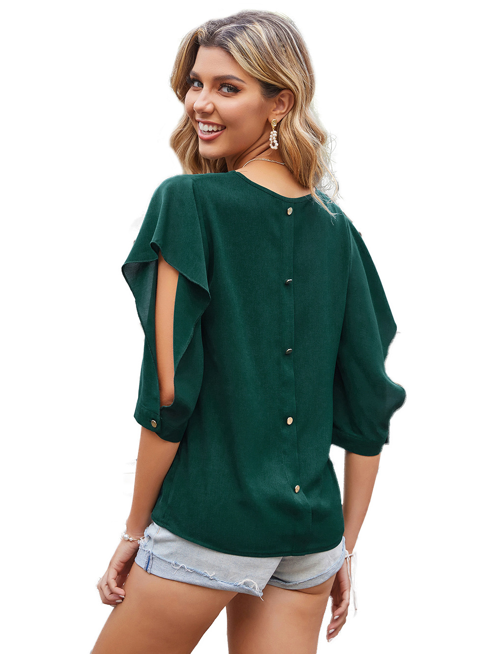 Solid Color V-neck Sleeve Hollow Casual Loose Back Button Pullover Top NSDF59425