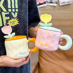 ミルクfufu花カップ高颜値女子マグカップ蓋付きスプーン家庭用セラミックカップ朝食コーヒーカップ
