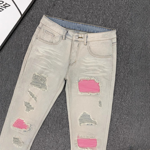 Men's Summer American Retro High Street Straight Leg Loose Distressed Wide Leg Long Pants in Post-Apocalyptic Style