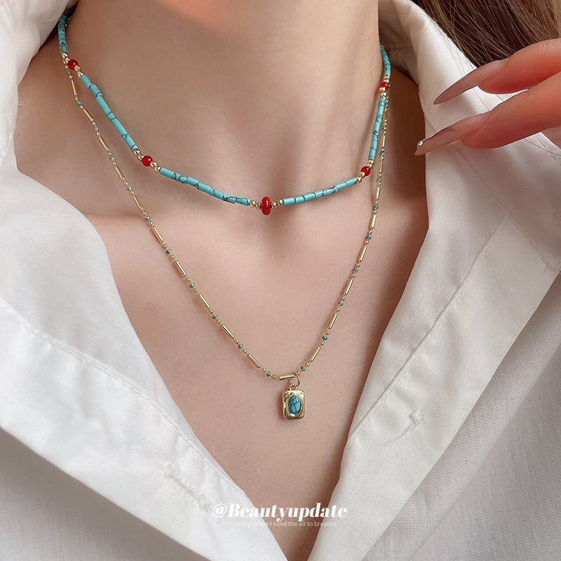Collar de doble capa con cuentas de piedra artificial bohemia, cadena de clavícula de moda de temperamento, collar retro exquisito de alta gama