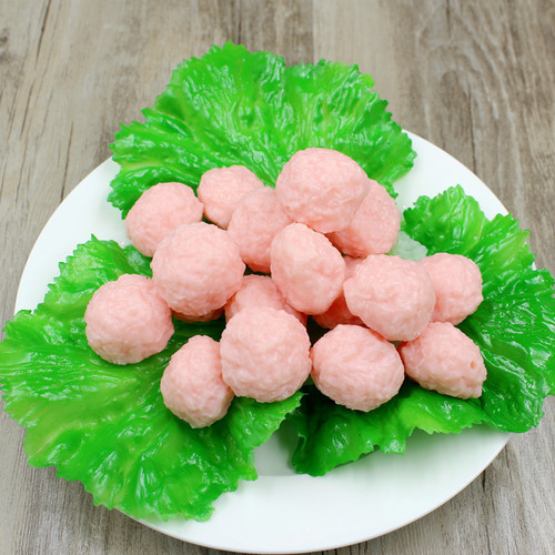 Simulated fish, beef, and shrimp meatballs food model, display window hot pot restaurant dish showcase simulated hot pot ingredients