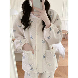 跨境专供睡衣女加厚夹丝棉家居服蝴蝶结点点韩版ins长袖圆领套装