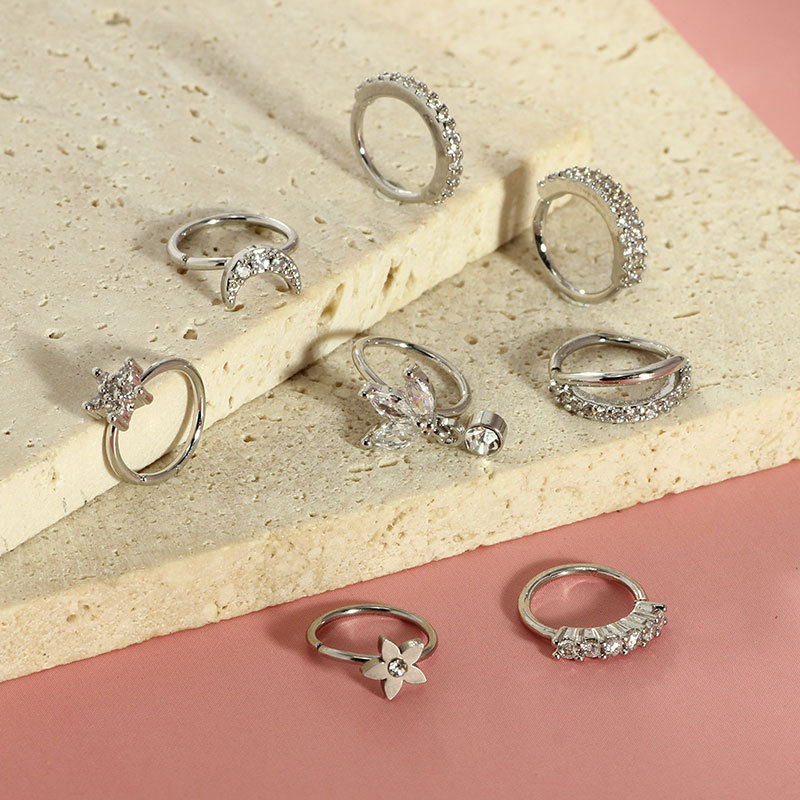 Stainless Steel Heart Nose Ring - CZ Geometric Open Nose Clip Piercing Jewelry Set of 8 detail image 10