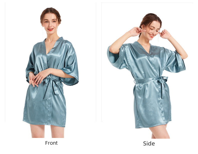 Cross-border Women's Twisted Sade Nightgown Bathrobe Solid Color Glossy Summer Thin Sexy Short Cardigan Gown_voghion.com